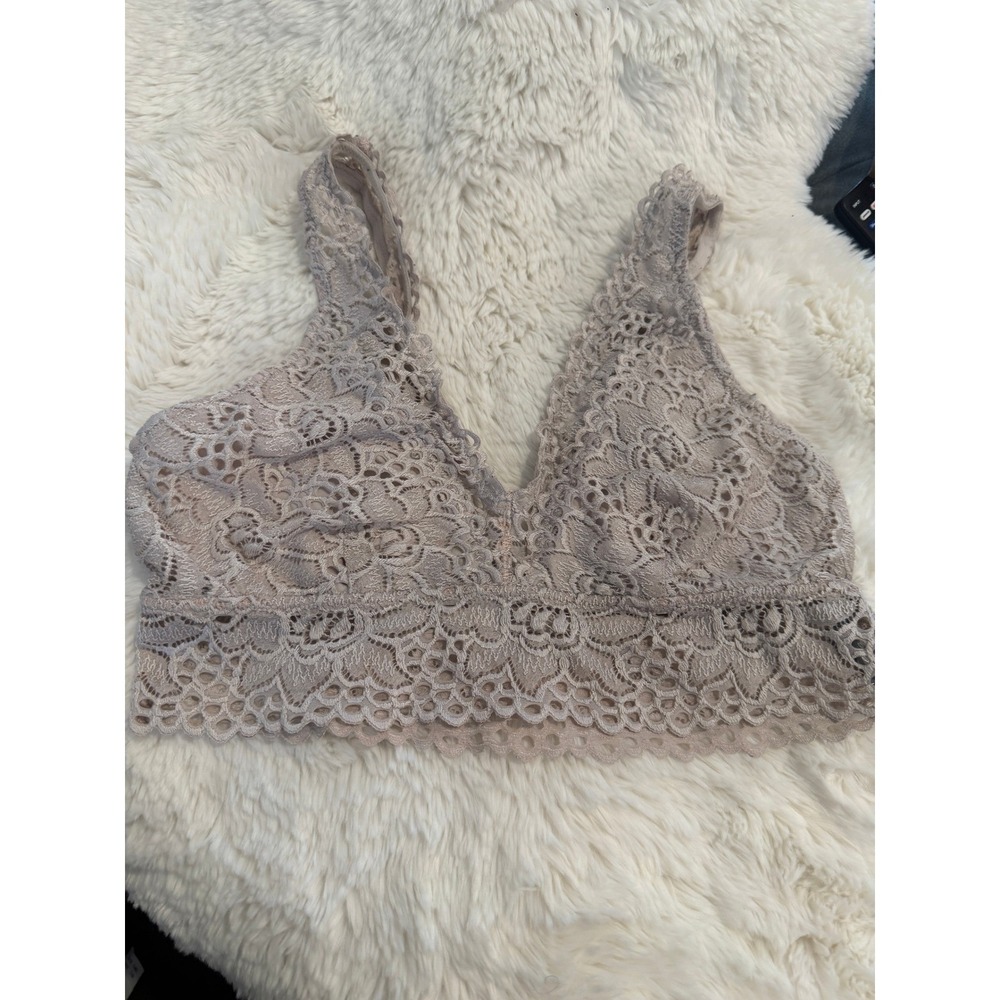 Aerie Floral Lace V-Neck Bralette Taupe Beige‎ Scalloped L/G